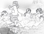 anthro areola bath bathing beverage big_breasts breasts bucket butt candle cheek_tuft container dialogue eyes_closed facial_tuft female fluffy fluffy_tail fur group hair hot_spring leaf legs_in_water legs_together long_hair long_tail naturally_censored navel nipples nude outside partially_submerged partially_submerged_breasts plant rock sitting smile tail tasteful tasteful_nudity tree tuft water jlbriere diana_artemis krista_van_hoorn canid canine canis domestic_dog fox mammal wolf 2023 sketch