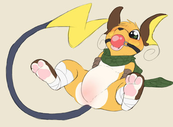 3_toes ambiguous_gender ball_gag bdsm blush bondage bound feet feral gag gagged green_eyes hindpaw pawpads paws rope simple_background solo submissive submissive_ambiguous toes tongue white_background backsash nintendo pokemon fan_character sparks_the_raichu generation_1_pokemon mammal pokemon_(species) raichu rodent 2018 digital_drawing_(artwork) digital_media_(artwork) hi_res