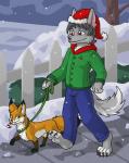 ambiguous_gender anthro candy candy_cane clothed clothing collar dessert domestic_pet duo fence feral food fur furries_with_pets green_eyes green_pawpads grey_body grey_fur holidays leash male orange_body orange_fur outside pawpads plant snow tree walking winter thekc christmas rommy_winterlight shin_lehra canid canine canis fox mammal wolf hi_res