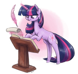 black_hair book cutie_mark female feral fetlocks fur glowing glowing_horn hair highlights_(coloring) hooves horn lectern loose_feather magic pink_highlights purple_body purple_eyes purple_fur purple_highlights quill scroll simple_background smile solo telekinesis white_background king-kakapo friendship_is_magic hasbro my_little_pony mythology twilight_sparkle_(mlp) equid equine mammal mythological_creature mythological_equine unicorn 2016