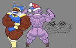 big_butt big_muscles blue_clothing blue_hat blue_headwear brown_body bulge butt clothing fangs flexing fool's_hat footwear grey_background hat headgear headwear huge_muscles looking_back male mostly_nude multicolored_hat muscular muscular_humanoid muscular_male purple_body purple_butt red_clothing red_hat red_headwear simple_background standing teeth vein veiny_muscles yellow_eyes fruitgremlin kirby_(series) nintendo magolor marx_(kirby) humanoid 2023