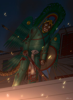 5_fingers anthro arrow_(weapon) aztec blood bodily_fluids bodysuit clothed clothed_anthro clothed_male clothing embers fingers fur humanoid_hands macuahuitl male markings melee_weapon night nosebleed ranged_weapon shield skinsuit solo spots spotted_body spotted_fur tight_clothing torn_bodysuit torn_clothing torn_skinsuit weapon wounded yellow_body yellow_fur ohs688 felid jaguar mammal pantherine absurd_res hi_res story story_in_description