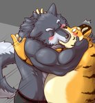 2015 anthro barazoku belly blush canid canine canis clothing duo embrace eyes_closed felid hi_res hug humanoid_hands kemono kissing male male/male mammal muscular overweight overweight_male pantherine simple_background tiger underwear wdh3905 wolf
