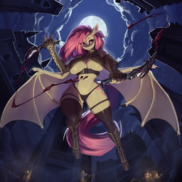 alternate_form anthro anthrofied armwear big_breasts bladed_weapon blood bodily_fluids boots breasts claws clothing cloud curvy_figure cutie_mark dagger detailed_background dual_wielding ear_tuft elbow_gloves fangs female fingerless_gloves flying footwear full_moon gloves hair handwear holding_object holding_weapon hourglass_figure legwear long_nails long_tail low-angle_view melee_weapon membrane_(anatomy) membranous_wings moon navel night panties pink_hair pink_tail red_eyes reverse_grip sharp_teeth shoes small_waist solo star stockings tail teeth thick_thighs thong tuft under_boob underwear voluptuous voluptuous_anthro voluptuous_female weapon wide_hipped_anthro wide_hipped_female wide_hips wing_claws wings yellow_body nsilverdraws friendship_is_magic hasbro my_little_pony flutterbat_(mlp) fluttershy_(mlp) bat_pony equid equine mammal 1:1 absurd_res hi_res