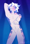 anthro blue_eyes dancing featureless_crotch hair hand_behind_head hip_sway horn male navel nipples nude null simple_background solo swaying tail tongue tongue_out white_body white_hair lopertinger reptile scalie snake animated frame_by_frame short_playtime