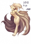 anthro anthrofied biped breasts casual_nudity chest_tuft digitigrade featureless_breasts featureless_crotch female hair long_hair multi_tail naturally_censored navel nude pokemorph red_eyes simple_background solo standing tail tuft white_background ni_jikan nintendo pokemon canid canine generation_1_pokemon mammal ninetales pokemon_(species) 2015