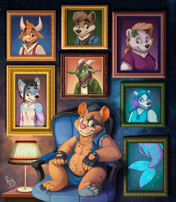 anthro armchair barefoot belly big_belly black_claws black_hair blue_bottomwear blue_clothing blue_shorts blue_topwear blue_vest bottomwear brown_body brown_fur chair claws clothed clothing feet front_view fur furniture glistening glistening_eyes hair lamp looking_at_viewer male male_anthro open_clothing open_topwear open_vest orange_eyes overweight overweight_anthro overweight_male painting_(object) pink_nose shorts sitting solo topwear vest pandapaco mythology bear bovid bovine canid canine cattle dragon mammal mythological_creature mythological_scalie polar_bear scalie ursine hi_res painting_(artwork)