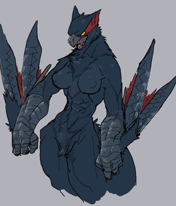 abs anthro anthrofied beak biped breasts crotch_tuft fangs female female_anthro fingers grey_background grey_beak grey_body legs_together looking_at_viewer medium_breasts membrane_(anatomy) membranous_wings multicolored_body muscular muscular_anthro muscular_female nipples no_sclera non-mammal_breasts non-mammal_nipples nude nude_anthro nude_female open_mouth pupils red_body scuted_arms scutes simple_background small_waist solo standing tail teeth three-quarter_view tuft winged_arms wings yellow_eyes quququl capcom monster_hunter flying_wyvern nargacuga 2020 digital_drawing_(artwork) digital_media_(artwork) portrait three-quarter_portrait