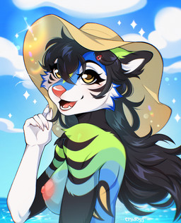 5_fingers anthro arm_tuft beach black_hair breasts cheek_tuft clothing facial_tuft female fingers fur fur_markings hair happy hat hat_only headgear headgear_only headwear headwear_only long_hair markings medium_breasts mostly_nude multicolored_body multicolored_fur nature nature_background nipples open_mouth shoulder_tuft sky solo summer_hat swimwear tuft two-piece_swimsuit yellow_eyes crydogg erika_(trashcat14) canid canine canis domestic_dog fox hybrid mammal hi_res