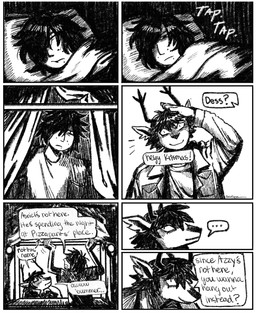 anthro border clothing dialogue duo female horn jacket shirt sleeping text topwear white_border young bakedbananners deltarune undertale_(series) dess_holiday kris_dreemurr deer human mammal new_world_deer reindeer 2025 comic english_text hi_res monochrome nonbinary_(lore)