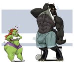 anthro big_bulge bulge canid canine canis duo female goblin humanoid larger_male male mammal muscular muscular_male redfred scar short_stack size_difference smaller_female thick_thighs wolf