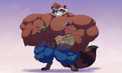 3_toes 4_fingers abs anthro armpit_hair belt belt_buckle biceps big_bulge big_muscles big_pecs biped black_armpit_hair black_body black_claws black_fur black_inner_ear black_nose black_toe_claws blue_bottomwear blue_clothing blue_pants body_hair bottomwear brown_body brown_fur brown_hair buckle bulge claws clothed clothed_anthro clothed_male clothing deltoids digitigrade dipstick_ears ear_markings ear_piercing ear_ring facial_markings feet fingers forearm_muscles front_view fur gradient_background grin growth hair head_markings holding_object huge_muscles huge_pecs humanoid_hands hyper hyper_muscles infinity_gauntlet infinity_stone knee_pads looking_down looking_down_at_self male male_anthro markings mask_(marking) mohawk multicolored_ears muscle_growth muscular muscular_anthro muscular_arms muscular_male muscular_thighs pants patreon_username pecs piercing quads red_sclera ring_(marking) ring_piercing ringed_tail rocket simple_background smile spiked_knee_pads standing striped_markings striped_tail stripes tail tail_markings teeth text toe_claws toes topless topless_anthro topless_male trapezius triceps vein veiny_muscles white_body white_fur yellow_eyes silver-stag guardians_of_the_galaxy marvel marvel_rivals rocket_raccoon mammal procyonid raccoon 5:3 absurd_res digital_drawing_(artwork) digital_media_(artwork) full-length_portrait hi_res portrait shaded story story_in_description url