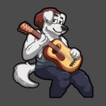 acoustic_guitar amber_eyes anthro beanie bottomwear closed_smile clothing ear_piercing fluffy fur guitar hat headgear headwear holding_guitar holding_musical_instrument holding_object looking_at_viewer male mouth_closed muscular musical_instrument outline oversized_bottomwear oversized_clothing oversized_pants pants piercing plucked_string_instrument shirt simple_background sitting smile solo string_instrument tail tank_top topwear white_body white_ears white_fur white_tail luhrak animal_crossing nintendo k.k._slider canid canine canis domestic_dog mammal 1:1 absurd_res cel_shading hi_res shaded