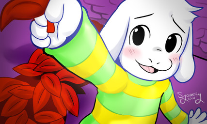 anthro blush clothed clothing detailed_background fur green_clothing green_sweater green_topwear holding_object leaf male pattern_clothing pattern_sweater pattern_topwear plant solo striped_clothing striped_sweater striped_topwear stripes sweater topwear white_body white_fur young young_anthro syaokitty undertale undertale_(series) asriel_dreemurr boss_monster_(undertale) bovid caprine mammal 2016 5:3 digital_media_(artwork)
