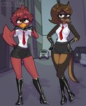 anthro boots bottomwear brown_body brown_fur brown_hair clothing duo feet female footwear fur gloves hair handwear high_heeled_boots high_heels looking_at_viewer miniskirt necktie red_feet red_hair shoes skirt tail uniform yerolay avian bird canary canid canine canis dobermann domestic_dog finch mammal oscine passerine pinscher digital_drawing_(artwork) digital_media_(artwork) hi_res