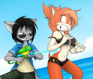 5_fingers anthro big_breasts bikini black_hair breasts cleavage clothed clothing detailed_background duo ear_piercing ear_ring eyelashes eyewear female fingers fur grey_body grey_fur hair male motion_lines multicolored_body multicolored_fur navel orange_body orange_eyes orange_fur orange_hair piercing pointy_ears prick_ears ring_piercing sea simple_eyes smile standing sunglasses surprised swimming_trunks swimwear tan_body tan_fur teeth toy toy_gun two-piece_swimsuit under_boob water water_gun sandwich-anomaly van_(sandwich-anomaly) domestic_cat eulipotyphlan felid feline felis hedgehog mammal 2015 digital_media_(artwork)