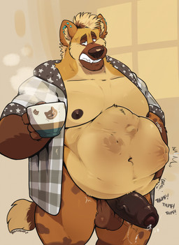 ambiguous_gender ambiguous_prey anthro areola balls becoming_erect bedroom_eyes belly beverage big_balls big_belly big_moobs big_penis biped bodily_fluids body_outline bottomless bottomless_anthro bottomless_male claws clothed clothing coffee_mug container cup digestion digestion_noises ear_piercing ear_ring eyebrows flaccid foreskin fur genital_fluids genitals glans hair hand_imprint hand_on_belly holding_beverage holding_container holding_cup holding_mug holding_object humanoid_genitalia humanoid_penis imminent_digestion imprint industrial_piercing inside looking_at_viewer male male_anthro male_pred moobs mug narrowed_eyes navel nipples open_clothing open_mouth open_robe open_smile oral_vore overweight overweight_anthro overweight_male penis piercing precum ring_piercing robe rumbling_stomach saggy_balls seductive simple_background smile soft_vore solo standing steam struggling struggling_prey teeth thick_penis thick_thighs three-quarter_view tuft unretracted_foreskin unwilling_prey vein veiny_penis vore willing_pred haps remidragon hyena mammal 2024 digital_media_(artwork) hi_res portrait signature three-quarter_portrait