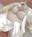 anthro belly blush bodily_fluids bulge clothing detailed_bulge genital_fluids genital_outline grey_body horn humanoid_hands kemono male moobs nipples overweight overweight_male penis_outline precum robe sitting solo bake_gosut anothereidos_of_dragon_vein_r romanes mammal rhinoceros 2021 hi_res