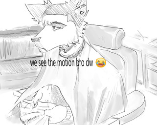 anthro barber_cape barber_chair barber_shop ear_piercing emoji fur lineup male male_anthro piercing solo sullivhan canid canine canis mammal wolf greyscale hi_res meme monochrome