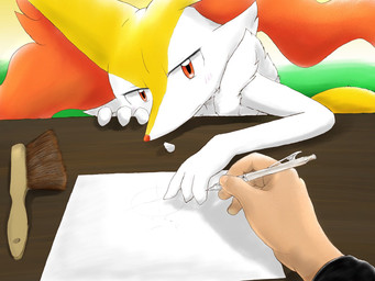 3_fingers ambiguous_anthro ambiguous_gender ambiguous_human anthro arm_tuft biped blush blush_lines brush cheek_tuft drawing_(action) duo eraser eyelashes facial_tuft fingers front_view fur holding_object holding_pencil inner_ear_fluff looking_at_viewer mechanical_pencil mouth_closed multicolored_body multicolored_fur narrowed_eyes nude_ambiguous nude_anthro orange_body orange_eyes orange_fur orange_inner_ear_fluff paper pencil_(object) pointy_ears prick_ears shoulder_tuft simple_background snout solo_focus tail tuft wavy_mouth white_body white_fur yellow_body yellow_fur yellow_tail eiroru nintendo pokemon braixen canid generation_6_pokemon human mammal pokemon_(species) 2021 4:3 colored digital_drawing_(artwork) digital_media_(artwork) hi_res japanese_description shaded translated_description