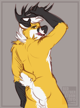 anthro antlers balls black_nose butt fur genitals gloves_(marking) horn licking licking_lips licking_own_lips looking_at_viewer looking_back male markings nude orange_body orange_fur self_lick simple_background solo tongue tongue_out white_body white_fur skylardoodles deer mammal 2015 hi_res