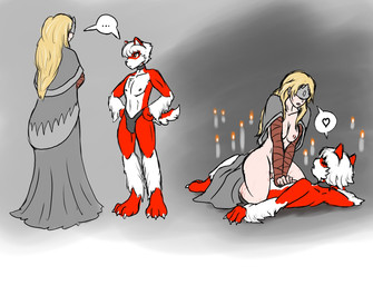 arm_wraps blind breasts candle chest_tuft choker clothing cowgirl_position disability duo female from_front_position fur fur_tuft hair jewelry long_hair male male/female navel necklace nipples on_bottom on_top penetration red_body red_eyes robe scar sex simple_background thong tuft underwear white_body wraps serth dark_souls fromsoftware fire_keeper canid canine human mammal hi_res