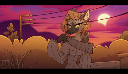 anthro brick_wall brown_body clothing cloud detailed_background female hair looking_at_viewer outside plant power_lines shrub sky smile smiling_at_viewer solo spots sunset sweater topwear trash_can tree virgin_destroyer_sweater wall_(structure) yellow_eyes luckyonn meme_clothing martini_(ozzymandy) hyena mammal hi_res meme