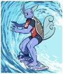 2020 3_toes absurd_res anthro anthrofied athletic athletic_anthro athletic_female barefoot border breasts brown_eyes clothed clothing feet female generation_1_pokemon hi_res looking_aside megawolf77 nintendo one-piece_swimsuit plantigrade pokemon pokemon_(species) pokemorph serious simple_background solo surfboard surfing swimwear teeth toes vehicle wartortle water watercraft wave white_border