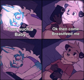 anthro bed blue_body blue_fur brown_body brown_fur cellphone clothing duo electronics female fur furniture hair hug hugging_object hugging_pillow lying male on_back on_side phone pillow purple_clothing purple_shirt purple_topwear red_clothing red_eyes red_shirt red_topwear shirt smartphone text texting topwear white_body white_fur white_hair s1nparty s3aparty couple_texting_in_bed chester_the_otter umi_(s3aparty) canid canine fox island_fox mammal mustelid otter urocyon comic english_text hi_res meme