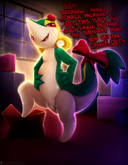 bodily_fluids bow_ribbon dialogue female feral genitals gift glistening glistening_body hands_on_hips holidays looking_at_viewer open_mouth ribbons saliva smug smug_face solo text thick_thighs tongue vulva visionaryserpent instant_loss_2koma nintendo pokemon fan_character rose_(snivy) generation_5_pokemon pokemon_(species) reptile scalie snivy 2026 absurd_res hi_res