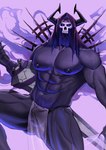 abs bone bulge glowing glowing_eyes male melee_weapon muscular muscular_male navel nipples pecs purple_body skull skull_head solo sword weapon cilcilciln king_hassan humanoid digital_drawing_(artwork) digital_media_(artwork) hi_res