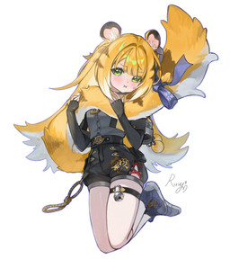 accessory animal_ears bare_legs belt bent_legs black_bottomwear black_clothing black_shorts blonde_hair blue_clothing blue_footwear blue_shoes blush bottomwear clothing collared_shirt dress_shirt female fluffy_ears footwear furgonomics green_eyes grey_dress_shirt hair holding_own_tail holding_tail long_hair markings pouting ribbons shirt shoes shorts simple_background socks striped_hair striped_markings striped_tail stripes tail tail_accessory tail_markings tail_ribbon topwear two_tone_tail white_background white_clothing white_footwear white_hair white_socks young young_female young_humanoid lovieruvy mihoyo zenless_zone_zero ju_fufu animal_humanoid felid felid_humanoid humanoid mammal mammal_humanoid pantherine pantherine_humanoid thiren tiger_humanoid hi_res signature