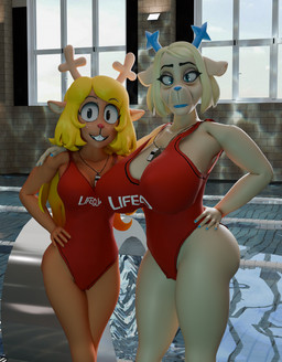 anthro arm_around_shoulders big_breasts blonde_hair breasts cartoon_freckles cleavage clothed clothing curvy_figure duo eyelashes female female/female freckled_face freckles glistening_eyelids hair hand_on_hip lifeguard_swimsuit long_eyelashes looking_at_viewer mature_female one-piece_swimsuit pose swimming_pool swimwear thick_thighs voluptuous whistle_(object) whistle_around_neck wide_hips daemont92 nuke84_(modeler) twilightv0ids_(modeler) deltarune undertale_(series) carol_holiday noelle_holiday deer mammal new_world_deer reindeer 3d_(artwork) absurd_res blender_(artwork) digital_media_(artwork) hi_res daughter_(lore) mother_(lore) mother_and_child_(lore) mother_and_daughter_(lore) parent_(lore) parent_and_child_(lore) parent_and_daughter_(lore)