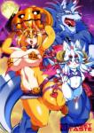 anthro big_breasts blush bottomwear breasts clothed clothing female food fruit group hair holidays hotpants kemono male moon plant pumpkin pumpkin_breasts shorts whiskers wings amakuchi halloween fenrir_(amakuchi) foxy-rena otama_(character) canid canine canis fox mammal wolf 2018 hi_res