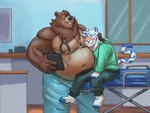 anthro belly big_belly black_nose blush bottomwear brown_body brown_fur clothing detailed_background doctor duo fur hoodie humanoid_hands kemono male medical_instrument overweight overweight_male pants patient scientific_instrument sitting topwear white_body said_the_saisio bear felid mammal pantherine 2023 absurd_res hi_res