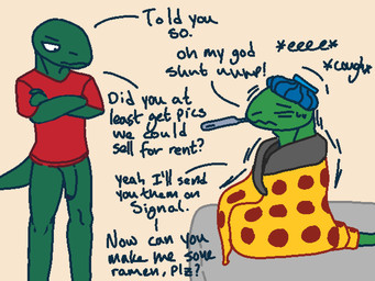 anthro bedding blanket bottomless casual_exposure clothed clothing duo icepack ill male male/male text qwaxi~lixard broccoli_gardener_(qwaxi~lixard) greenbean_gardener_(qwaxi~lixard) lizard reptile scalie 4:3 english_text brother_(lore) nonbinary_(lore) sibling_(lore)