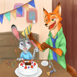 4_fingers aloha_shirt anthro black_nose blueberry_(fruit) brown_body brown_fur buckteeth cake candle chair claws clothed clothing confetti confetti_streamer cutlery dessert dipstick_ears duo ear_markings female fingers fire fist food fork fruit fully_clothed fur furniture gloves_(marking) green_eyes grey_body grey_fur hat headgear headwear holding_clothing holding_hat holding_headgear holding_headwear holding_object inside kitchen_utensils long_ears looking_aside looking_at_another looking_up male markings multicolored_body multicolored_ears multicolored_fur necktie open_mouth open_smile orange_body orange_fur party_hat party_popper pattern_clothing pattern_shirt pattern_topwear pink_nose plant plate purple_eyes shirt sitting smile standing strawberry table tan_body tan_fur teeth tongue tools toony topwear irodorie disney zootopia judy_hopps nick_wilde canid canine fox lagomorph leporid mammal rabbit red_fox true_fox 1:1 digital_media_(artwork) hi_res