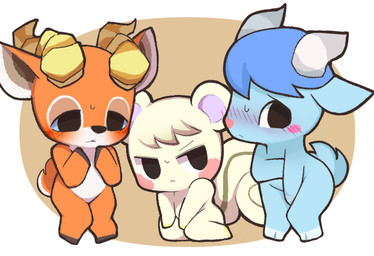 2_horns :< anthro bent_over big_tail blue_body blue_hair blush blush_lines blush_stickers bodily_fluids brown_background cheek_spots chibi covering covering_chest covering_crotch covering_self curved_horn embarrassed featureless_chest featureless_crotch group hair horn kneeling lidded_eyes lineup looking_aside male nervous orange_body scut_tail segmented_horn seiza short_tail shy simple_background sitting standing sweat sweatdrop tail tan_body tan_hair trio seologi animal_crossing nintendo beau_(animal_crossing) marshal_(animal_crossing) sherb_(animal_crossing) mammal rodent sciurid tree_squirrel 2021 digital_media_(artwork)