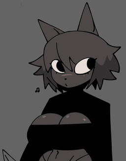 anthro big_breasts black_clothing black_topwear breast_scar breasts cleavage_cutout clothed clothed_anthro clothed_female clothing cutout facial_scar female female_anthro front_view grey_background grey_ears grey_hair hair looking_aside musical_note musical_symbol navel scar simple_background solo symbol topwear white_sclera xarop77 katherine_(xarop77) domestic_cat felid feline felis mammal 2025 digital_drawing_(artwork) digital_media_(artwork) english_description half-length_portrait portrait