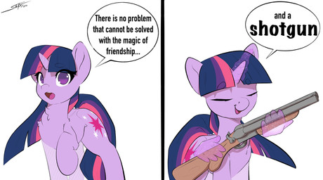 cutie_mark dialogue double_barrel_shotgun female feral gun hair horn looking_at_viewer magic magic_hands purple_eyes purple_hair ranged_weapon shotgun solo text weapon skitsroom friendship_is_magic hasbro my_little_pony mythology twilight_sparkle_(mlp) equid equine mammal mythological_creature mythological_equine unicorn absurd_res comic english_text hi_res