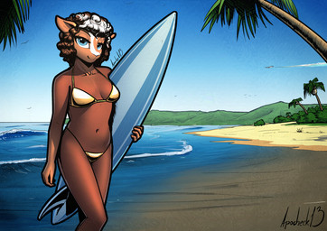 anthro beach bikini breasts clothing female gold_bikini looking_at_viewer mature_anthro mature_female outside small_breasts smile solo surfboard swimwear tropical two-piece_swimsuit apocheck13 nacelle_(workablegoblin) bovid caprine mammal sheep