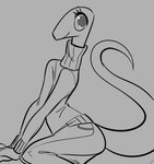 anthro big_eyes bottomwear clothed clothing denim denim_bottomwear denim_clothing eyelashes female jeans pants solo sweater topwear turtleneck glacierclear cornelia_(glacierclear) colubrid corn_snake lampropeltini rat_snake reptile scalie snake 2022 monochrome