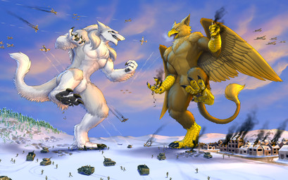 5_fingers abs aircraft airplane anthro armored_vehicle beak biceps biped brown_body brown_fur building building_destruction cannon city_crushing claws crush destruction duo extreme_size_difference feathered_wings feathers feet finger_claws fingers fur landscape_dwarfing machine macro macro_anthro male muscular muscular_anthro muscular_male nude open_mouth outside pawpads paws pecs plant rampage ranged_weapon size_difference sky smile tail tank_(vehicle) toe_claws toes turret vehicle vehicle_crash vehicle_destruction weapon white_body wings rollwulf mythology carpo kill_(sergal) avian gryphon mythological_avian mythological_creature sergal hi_res