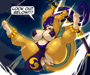 5_toes anthro biped blue_hair breasts claws clothing dialogue double_tomoe eyebrows feet female fingers hair looking_at_viewer solo speech_bubble spread_legs spreading tail text toe_claws toes tomoe_(symbol) conditional_dnp suirano haplorhine mammal monkey primate 2026 digital_media_(artwork) english_text hi_res