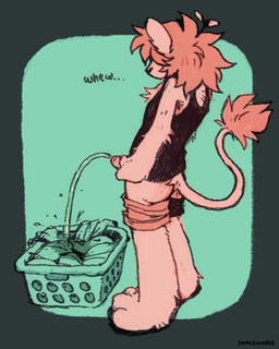 anthro bodily_fluids clothing feet foreskin fur genital_fluids genitals hindpaw humanoid_genitalia humanoid_penis improvised_toilet male paws peeing peeing_on_clothing peeing_on_laundry penis pink_body pink_fur solo standing urine watersports wet wet_clothing snackhorse beau_(snackhorse) felid lion mammal pantherine hi_res