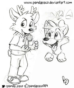 anthro antlers ball bottomwear cheek_tuft clothed clothing duo facial_tuft footwear head_tuft horn logo male male_anthro open_mouth open_smile pants shirt shoes simple_background smile standing t-shirt text tongue tongue_out topwear tuft young young_anthro young_male pandapaco canid canine deer mammal artist_logo monochrome signature sketch url