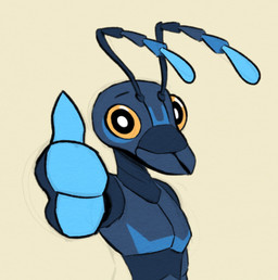 3_fingers antennae_(anatomy) anthro black_eyes blue_body blue_markings chest_markings emoji_description facial_markings fingers gesture hand_gesture head_markings looking_at_viewer male markings multicolored_antennae pupils simple_background solo thumbs_up white_pupils yellow_sclera eekanant eek_(eekanant) ant arthropod hymenopteran insect 2024 half-length_portrait hi_res portrait reaction_image