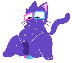 3_toes :3 anthro balls belly blush bodily_fluids butt dildo dildo_sitting erection eyewear feet foreskin fur genitals glans glasses humanoid_genitalia humanoid_penis inner_ear_fluff male motion_lines navel overweight overweight_male penetration penis pointy_ears prick_ears purple_body purple_fur rectangular_glasses sex_toy simple_background spread_legs spreading sweat sweatdrop tail toes tuft wearing_glasses whiskers white_background biggreenie kaykay_(planet_clue) domestic_cat felid feline felis mammal 2026 nonbinary_(lore)