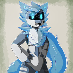 4_fingers ambiguous_gender anthro black_nose blue_body blue_eyes blue_fur blue_hair blue_pawpads bodily_fluids directional_arrow ellipsis eye_through_hair eyebrow_through_hair eyebrows facial_markings fingers fur glistening glistening_body grey_body hair hands_on_hips head_markings machine markings open_mouth pawpads simple_background solo standing sweat translucent translucent_hair white_body gaogomon changed_(video_game) prototype_(changed) felid mammal robot 1:1 absurd_res hi_res