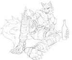 4_toes 5_fingers abs alcohol_bottle anthro barazoku belt biceps biped bottomwear clothing feet fingers looking_at_viewer male muscular muscular_anthro muscular_male pants pecs shirtless_anthro shirtless_male sitting sitting_on_ground solo toes yifeng_lz canid canine canis mammal wolf 2024 hi_res sketch